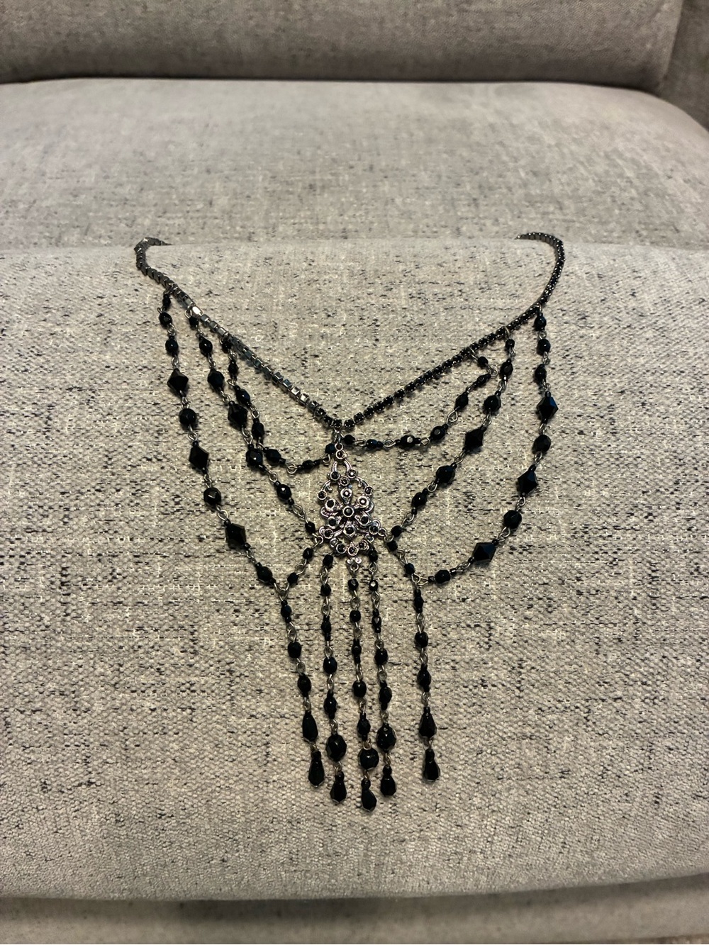 Vintage Goth style Black Beaded Fringe Statement Necklace